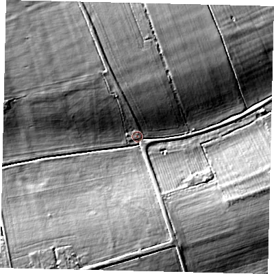 Shaded relief map of the ground around NG349TG, computed from Environment Agency LiDAR. The ground here sits at about 8 m above sea level and falls 8 m across the surrounding 800 m. Surface water reaching this point runs off ground lying to the north-north-west, 6.4 m higher.