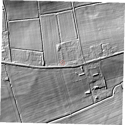 Shaded relief map of the ground around NG349TH, computed from Environment Agency LiDAR. The ground here sits at about 14 m above sea level and falls 9 m across the surrounding 800 m. Surface water reaching this point runs off ground lying to the south-south-west, 1.2 m higher.