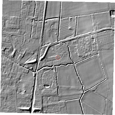 Shaded relief map of the ground around NG349TL, computed from Environment Agency LiDAR. The ground here sits at about 10 m above sea level and falls 10 m across the surrounding 800 m. Surface water reaching this point runs off ground lying to the west, 4.7 m higher.