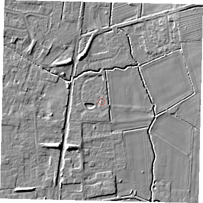 Shaded relief map of the ground around NG349WG, computed from Environment Agency LiDAR. The ground here sits at about 10 m above sea level and falls 12 m across the surrounding 800 m. Surface water reaching this point runs off ground lying to the west-south-west, 2.3 m higher.