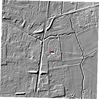 Shaded relief map of the ground around NG349WP, computed from Environment Agency LiDAR. The ground here sits at about 10 m above sea level and falls 11 m across the surrounding 800 m. Surface water reaching this point runs off ground lying to the west-north-west, 0.7 m higher.
