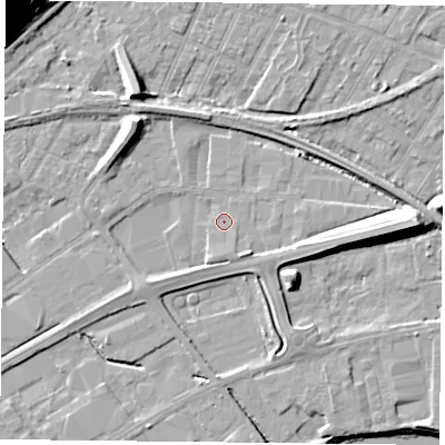 Shaded relief map of the ground around NG42AJ, computed from Environment Agency LiDAR. The ground here sits at about 21 m above sea level and falls 34 m across the surrounding 800 m. Surface water reaching this point runs off ground lying to the south, 1.2 m higher.