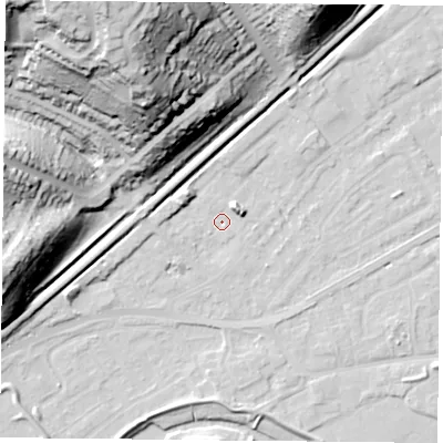 Shaded relief map of the ground around NG42AT, computed from Environment Agency LiDAR. The ground here sits at about 21 m above sea level and falls 56 m across the surrounding 800 m. Surface water reaching this point runs off ground lying to the east-north-east, 5.1 m higher.