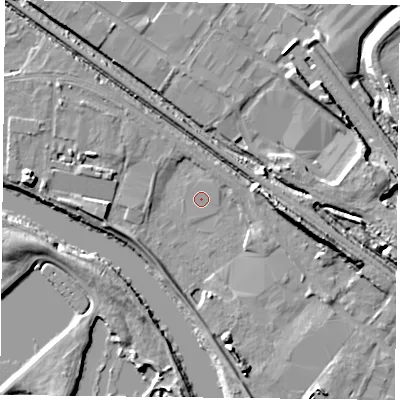 Shaded relief map of the ground around NG42BG, computed from Environment Agency LiDAR. The ground here sits at about 20 m above sea level and falls 11 m across the surrounding 800 m. Surface water reaching this point runs off ground lying to the east-south-east, 9.7 m higher.