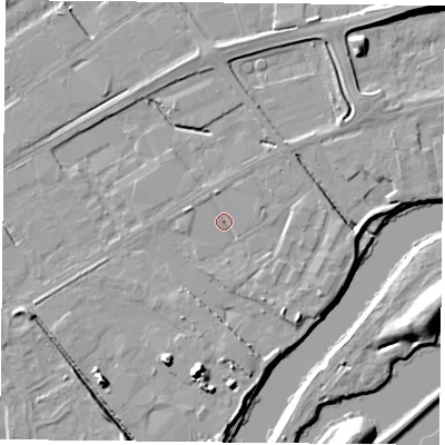Shaded relief map of the ground around NG42BH, computed from Environment Agency LiDAR. The ground here sits at about 21 m above sea level and falls 11 m across the surrounding 800 m. Surface water reaching this point runs off ground lying to the south-east, 2.5 m higher.