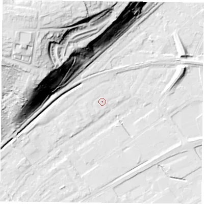Shaded relief map of the ground around NG42BN, computed from Environment Agency LiDAR. The ground here sits at about 22 m above sea level and falls 55 m across the surrounding 800 m. Surface water reaching this point runs off ground lying to the north-north-west, 1.1 m higher.