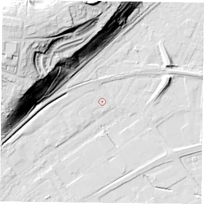 Shaded relief map of the ground around NG42BP, computed from Environment Agency LiDAR. The ground here sits at about 22 m above sea level and falls 55 m across the surrounding 800 m. Surface water reaching this point runs off ground lying to the west-north-west, 0.9 m higher.
