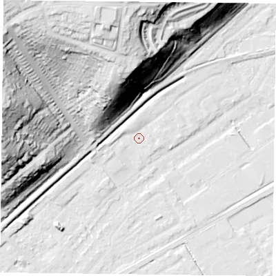 Shaded relief map of the ground around NG42BT, computed from Environment Agency LiDAR. The ground here sits at about 22 m above sea level and falls 56 m across the surrounding 800 m. Surface water reaching this point runs off ground lying to the west-south-west, 2.7 m higher.