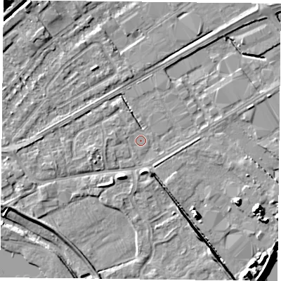 Shaded relief map of the ground around NG42BU, computed from Environment Agency LiDAR. The ground here sits at about 21 m above sea level and falls 10 m across the surrounding 800 m. Surface water reaching this point runs off ground lying to the south-east, 6.6 m higher.