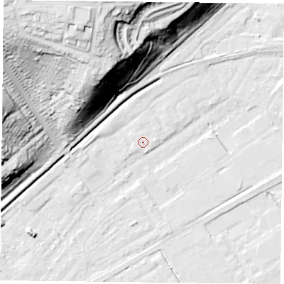 Shaded relief map of the ground around NG42BW, computed from Environment Agency LiDAR. The ground here sits at about 22 m above sea level and falls 55 m across the surrounding 800 m. Surface water reaching this point runs off ground lying to the north-west, 0.6 m higher.