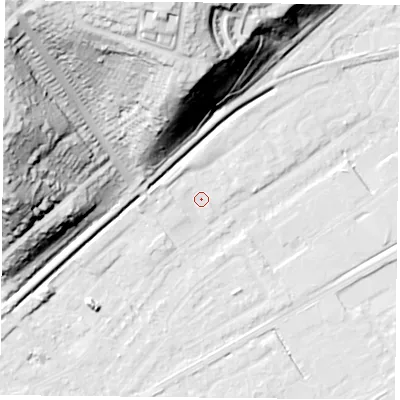 Shaded relief map of the ground around NG42BX, computed from Environment Agency LiDAR. The ground here sits at about 22 m above sea level and falls 54 m across the surrounding 800 m. Surface water reaching this point runs off ground lying to the west, 2.7 m higher.