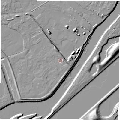 Shaded relief map of the ground around NG42DG, computed from Environment Agency LiDAR. The ground here sits at about 22 m above sea level and falls 12 m across the surrounding 800 m. Surface water reaching this point runs off ground lying to the north-north-east, 3.2 m higher.