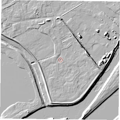 Shaded relief map of the ground around NG42DJ, computed from Environment Agency LiDAR. The ground here sits at about 21 m above sea level and falls 10 m across the surrounding 800 m. Surface water reaching this point runs off ground lying to the north-east, 8.6 m higher.