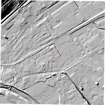 Shaded relief map of the ground around NG42DL, computed from Environment Agency LiDAR. The ground here sits at about 21 m above sea level and falls 23 m across the surrounding 800 m. Surface water reaching this point runs off ground lying to the south-west, 1.5 m higher.