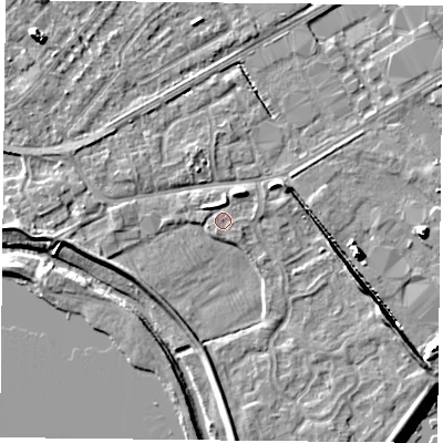 Shaded relief map of the ground around NG42DQ, computed from Environment Agency LiDAR. The ground here sits at about 22 m above sea level and falls 10 m across the surrounding 800 m. The ground contributing surface water to this point lies to the south-east.