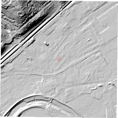 Shaded relief map of the ground around NG42DX, computed from Environment Agency LiDAR. The ground here sits at about 22 m above sea level and falls 51 m across the surrounding 800 m. Surface water reaching this point runs off ground lying to the west, 0.9 m higher.