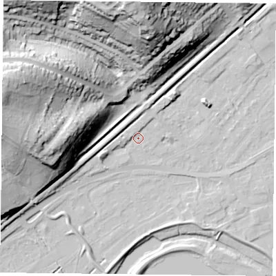 Shaded relief map of the ground around NG42DY, computed from Environment Agency LiDAR. The ground here sits at about 22 m above sea level and falls 51 m across the surrounding 800 m. Surface water reaching this point runs off ground lying to the west-south-west, 4.7 m higher.