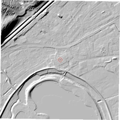 Shaded relief map of the ground around NG42DZ, computed from Environment Agency LiDAR. The ground here sits at about 22 m above sea level and falls 31 m across the surrounding 800 m. Surface water reaching this point runs off ground lying to the south-south-east, 0.6 m higher.