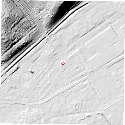 Shaded relief map of the ground around NG42EL, computed from Environment Agency LiDAR. The ground here sits at about 22 m above sea level and falls 51 m across the surrounding 800 m. Surface water reaching this point runs off ground lying to the north-west, 50.3 m higher.