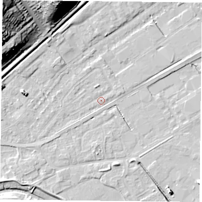 Shaded relief map of the ground around NG42EN, computed from Environment Agency LiDAR. The ground here sits at about 21 m above sea level and falls 38 m across the surrounding 800 m. Surface water reaching this point runs off ground lying to the west, 5.3 m higher.