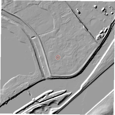 Shaded relief map of the ground around NG42ET, computed from Environment Agency LiDAR. The ground here sits at about 22 m above sea level and falls 10 m across the surrounding 800 m. Surface water reaching this point runs off ground lying to the south-south-west, 0.8 m higher.