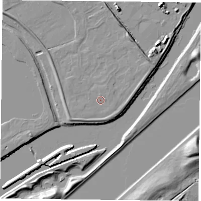 Shaded relief map of the ground around NG42EY, computed from Environment Agency LiDAR. The ground here sits at about 22 m above sea level and falls 12 m across the surrounding 800 m. Surface water reaching this point runs off ground lying to the south-south-west, 1.3 m higher.