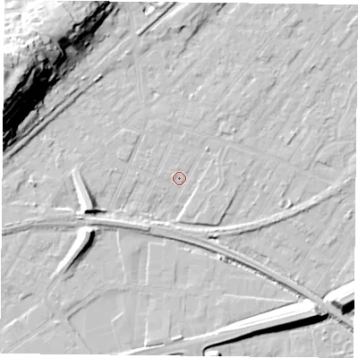 Shaded relief map of the ground around NG42FH, computed from Environment Agency LiDAR. The ground here sits at about 22 m above sea level and falls 34 m across the surrounding 800 m. Surface water reaching this point runs off ground lying to the west-north-west, 33.1 m higher.