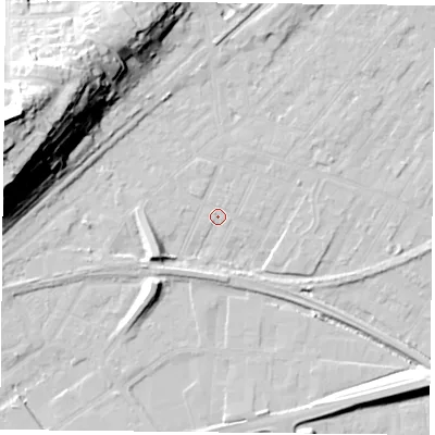 Shaded relief map of the ground around NG42FN, computed from Environment Agency LiDAR. The ground here sits at about 22 m above sea level and falls 48 m across the surrounding 800 m. Surface water reaching this point runs off ground lying to the west-north-west, 46.5 m higher.