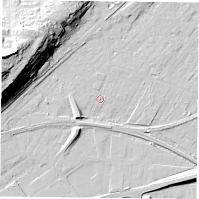 Shaded relief map of the ground around NG42FQ, computed from Environment Agency LiDAR. The ground here sits at about 22 m above sea level and falls 49 m across the surrounding 800 m. Surface water reaching this point runs off ground lying to the west-north-west, 48.1 m higher.
