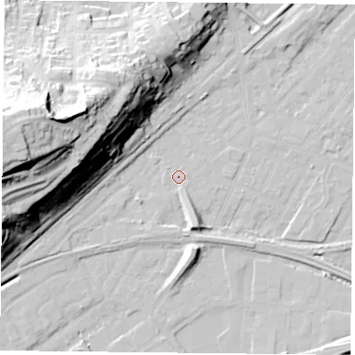 Shaded relief map of the ground around NG42FR, computed from Environment Agency LiDAR. The ground here sits at about 22 m above sea level and falls 50 m across the surrounding 800 m. Surface water reaching this point runs off ground lying to the south-south-east, 6.5 m higher.