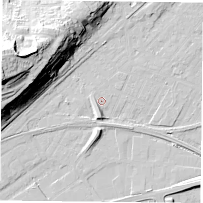 Shaded relief map of the ground around NG42FU, computed from Environment Agency LiDAR. The ground here sits at about 22 m above sea level and falls 50 m across the surrounding 800 m. Surface water reaching this point runs off ground lying to the west, 1.8 m higher.