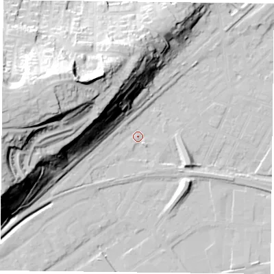 Shaded relief map of the ground around NG42FW, computed from Environment Agency LiDAR. The ground here sits at about 22 m above sea level and falls 52 m across the surrounding 800 m. Surface water reaching this point runs off ground lying to the west, 51.1 m higher.