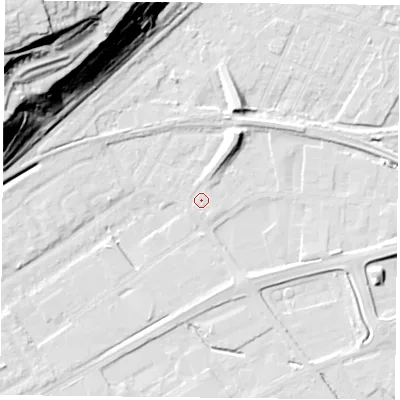 Shaded relief map of the ground around NG42FY, computed from Environment Agency LiDAR. The ground here sits at about 22 m above sea level and falls 52 m across the surrounding 800 m. Surface water reaching this point runs off ground lying to the north-north-east, 4.9 m higher.
