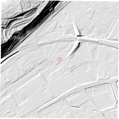 Shaded relief map of the ground around NG42FZ, computed from Environment Agency LiDAR. The ground here sits at about 22 m above sea level and falls 52 m across the surrounding 800 m. Surface water reaching this point runs off ground lying to the north-east, 5.2 m higher.