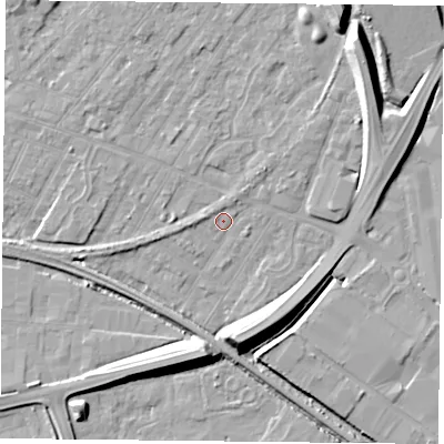 Shaded relief map of the ground around NG42GA, computed from Environment Agency LiDAR. The ground here sits at about 21 m above sea level and falls 12 m across the surrounding 800 m. Surface water reaching this point runs off ground lying to the south, 9.6 m higher.