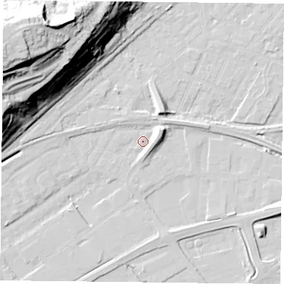 Shaded relief map of the ground around NG42GB, computed from Environment Agency LiDAR. The ground here sits at about 21 m above sea level and falls 51 m across the surrounding 800 m. Surface water reaching this point runs off ground lying to the north-east, 6.6 m higher.