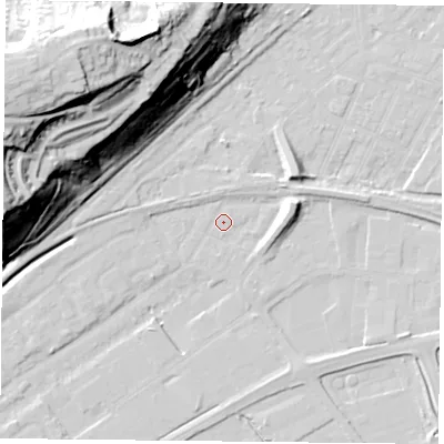 Shaded relief map of the ground around NG42GD, computed from Environment Agency LiDAR. The ground here sits at about 21 m above sea level and falls 52 m across the surrounding 800 m. Surface water reaching this point runs off ground lying to the south, 0.7 m higher.