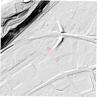 Shaded relief map of the ground around NG42GE, computed from Environment Agency LiDAR. The ground here sits at about 22 m above sea level and falls 52 m across the surrounding 800 m. Surface water reaching this point runs off ground lying to the north-east, 6.7 m higher.