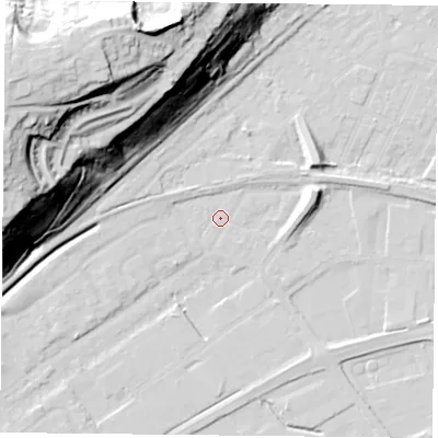 Shaded relief map of the ground around NG42GF, computed from Environment Agency LiDAR. The ground here sits at about 21 m above sea level and falls 53 m across the surrounding 800 m. Surface water reaching this point runs off ground lying to the east-north-east, 6.7 m higher.