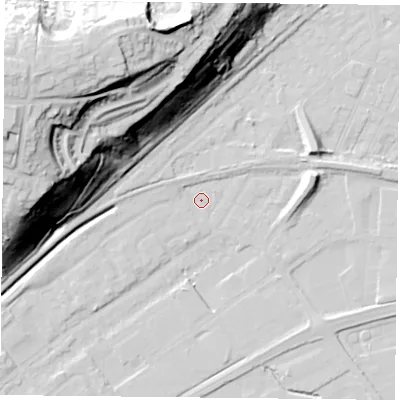 Shaded relief map of the ground around NG42GG, computed from Environment Agency LiDAR. The ground here sits at about 21 m above sea level and falls 54 m across the surrounding 800 m. Surface water reaching this point runs off ground lying to the west, 2.3 m higher.