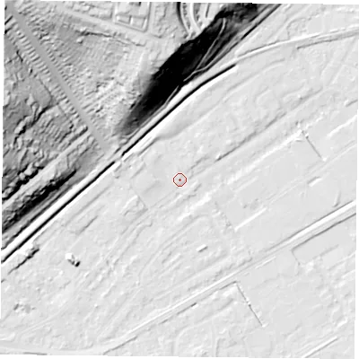 Shaded relief map of the ground around NG42GJ, computed from Environment Agency LiDAR. The ground here sits at about 22 m above sea level and falls 53 m across the surrounding 800 m. Surface water reaching this point runs off ground lying to the west-north-west, 4.9 m higher.