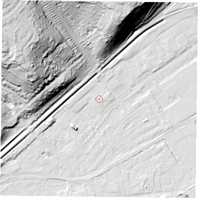 Shaded relief map of the ground around NG42GS, computed from Environment Agency LiDAR. The ground here sits at about 23 m above sea level and falls 59 m across the surrounding 800 m. Surface water reaching this point runs off ground lying to the east-north-east, 1.0 m higher.