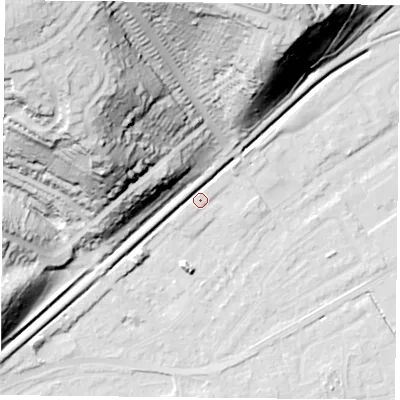 Shaded relief map of the ground around NG42GT, computed from Environment Agency LiDAR. The ground here sits at about 23 m above sea level and falls 62 m across the surrounding 800 m. Surface water reaching this point runs off ground lying to the north-west, 60.3 m higher.