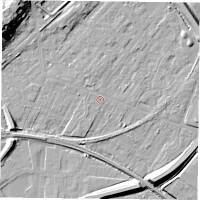 Shaded relief map of the ground around NG42GX, computed from Environment Agency LiDAR. The ground here sits at about 22 m above sea level and falls 20 m across the surrounding 800 m. Surface water reaching this point runs off ground lying to the west-south-west, 6.9 m higher.