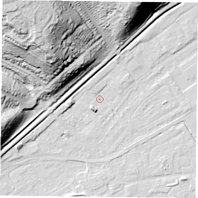 Shaded relief map of the ground around NG42GZ, computed from Environment Agency LiDAR. The ground here sits at about 22 m above sea level and falls 58 m across the surrounding 800 m. Surface water reaching this point runs off ground lying to the north-west, 56.7 m higher.