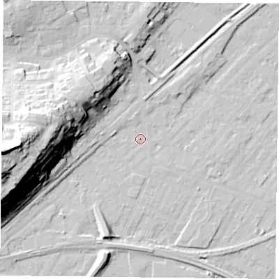 Shaded relief map of the ground around NG42HE, computed from Environment Agency LiDAR. The ground here sits at about 22 m above sea level and falls 49 m across the surrounding 800 m. Surface water reaching this point runs off ground lying to the west, 47.9 m higher.