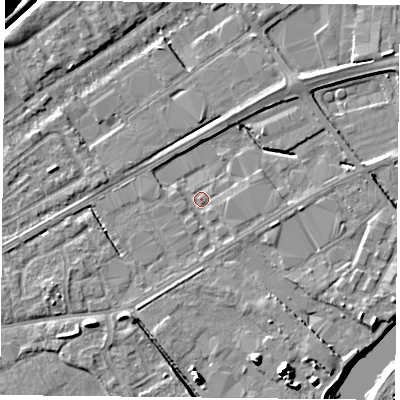 Shaded relief map of the ground around NG42HF, computed from Environment Agency LiDAR. The ground here sits at about 21 m above sea level and falls 17 m across the surrounding 800 m. Surface water reaching this point runs off ground lying to the east-south-east, 2.8 m higher.