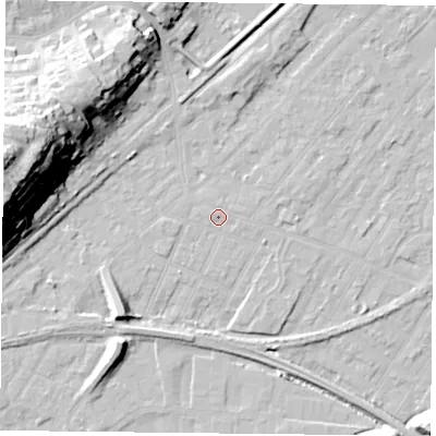 Shaded relief map of the ground around NG42HG, computed from Environment Agency LiDAR. The ground here sits at about 22 m above sea level and falls 37 m across the surrounding 800 m. Surface water reaching this point runs off ground lying to the east-north-east, 0.7 m higher.