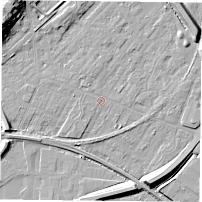 Shaded relief map of the ground around NG42HH, computed from Environment Agency LiDAR. The ground here sits at about 22 m above sea level and falls 19 m across the surrounding 800 m. Surface water reaching this point runs off ground lying to the north-east, 10.3 m higher.