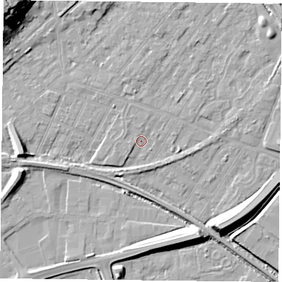 Shaded relief map of the ground around NG42HJ, computed from Environment Agency LiDAR. The ground here sits at about 22 m above sea level and falls 20 m across the surrounding 800 m. Surface water reaching this point runs off ground lying to the west, 6.9 m higher.